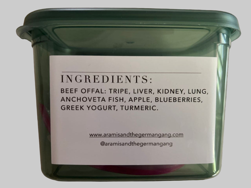 Green container with a label listing ingredients